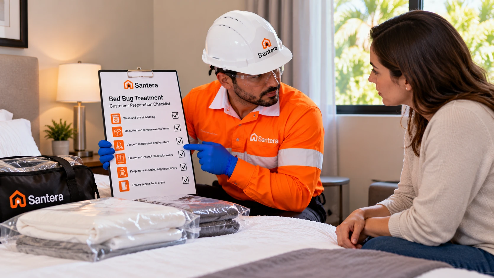 Santera technician going through the bed bug preparation checklist with a homeowner