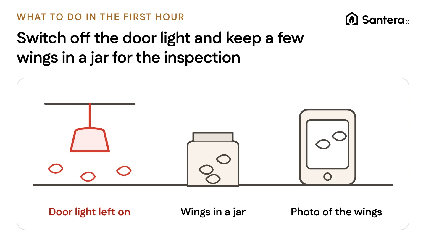 Door light left on, a jar of shed wings and a phone photo of the wings, with the light in red