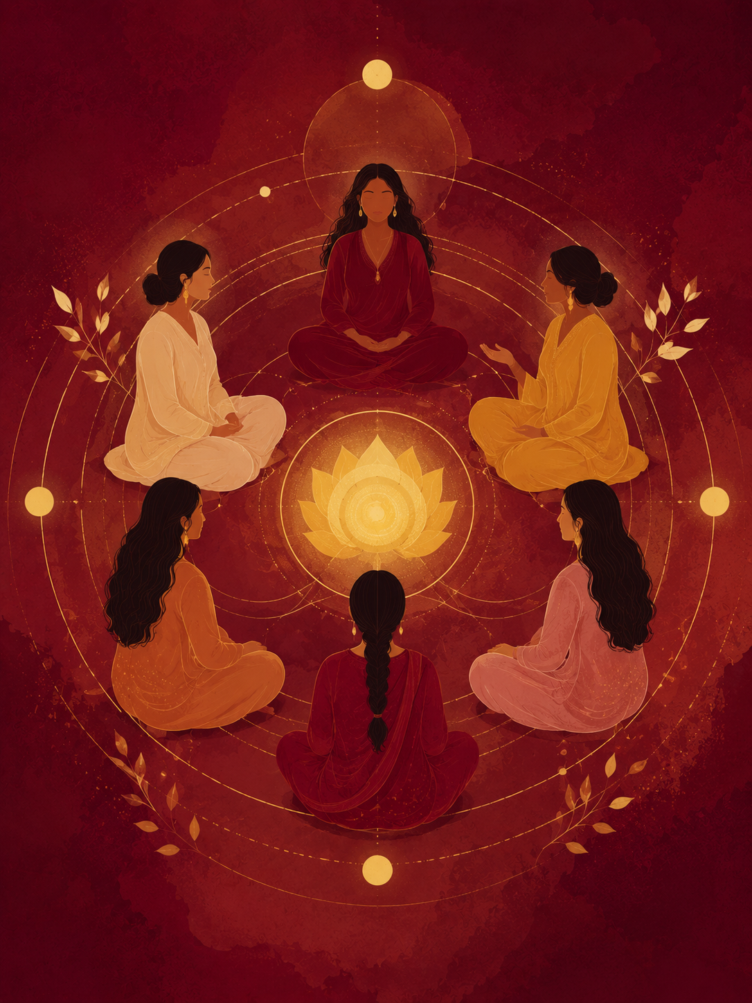 Six women sitting in a circle meditating around a glowing golden lotus on a red background.