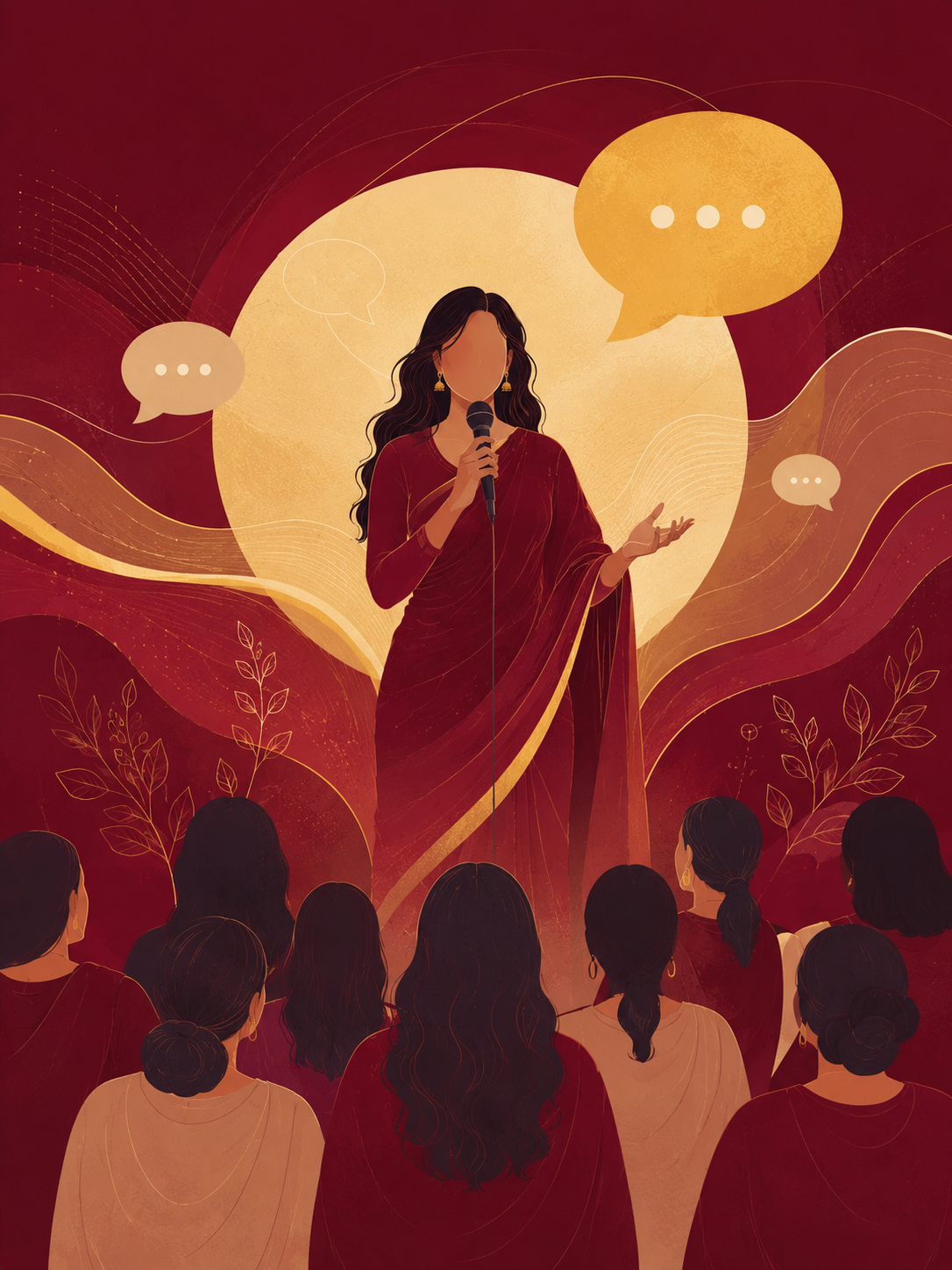 Woman speaking with a microphone to an audience of women with speech bubbles around her.