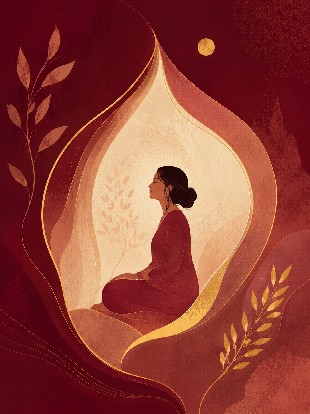 Woman with hair in bun meditating in lotus pose inside a glowing, layered abstract shape.