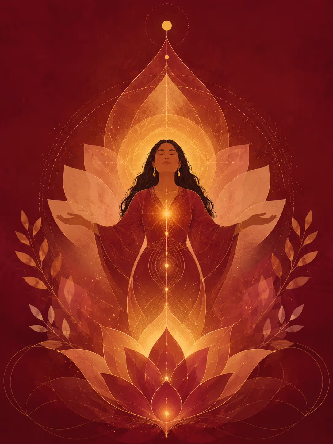 Woman with long hair in red, meditating with glowing chakras and lotus petals around her.