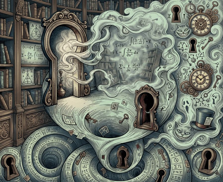 Surreal library scene with swirling equations, clocks, keys, and keyholes forming a dreamlike portal.