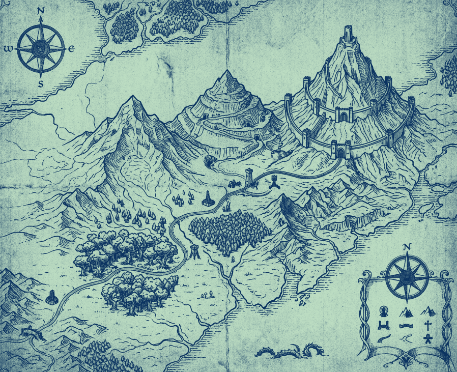 Fantasy map of mountains, forests, and walled towers drawn in blue ink on parchment.