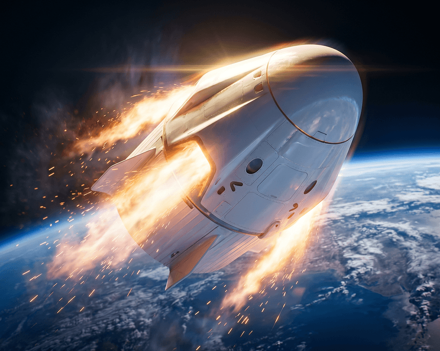 White space capsule engulfed in flames and sparks during atmospheric reentry, with Earth's blue surface visible below.