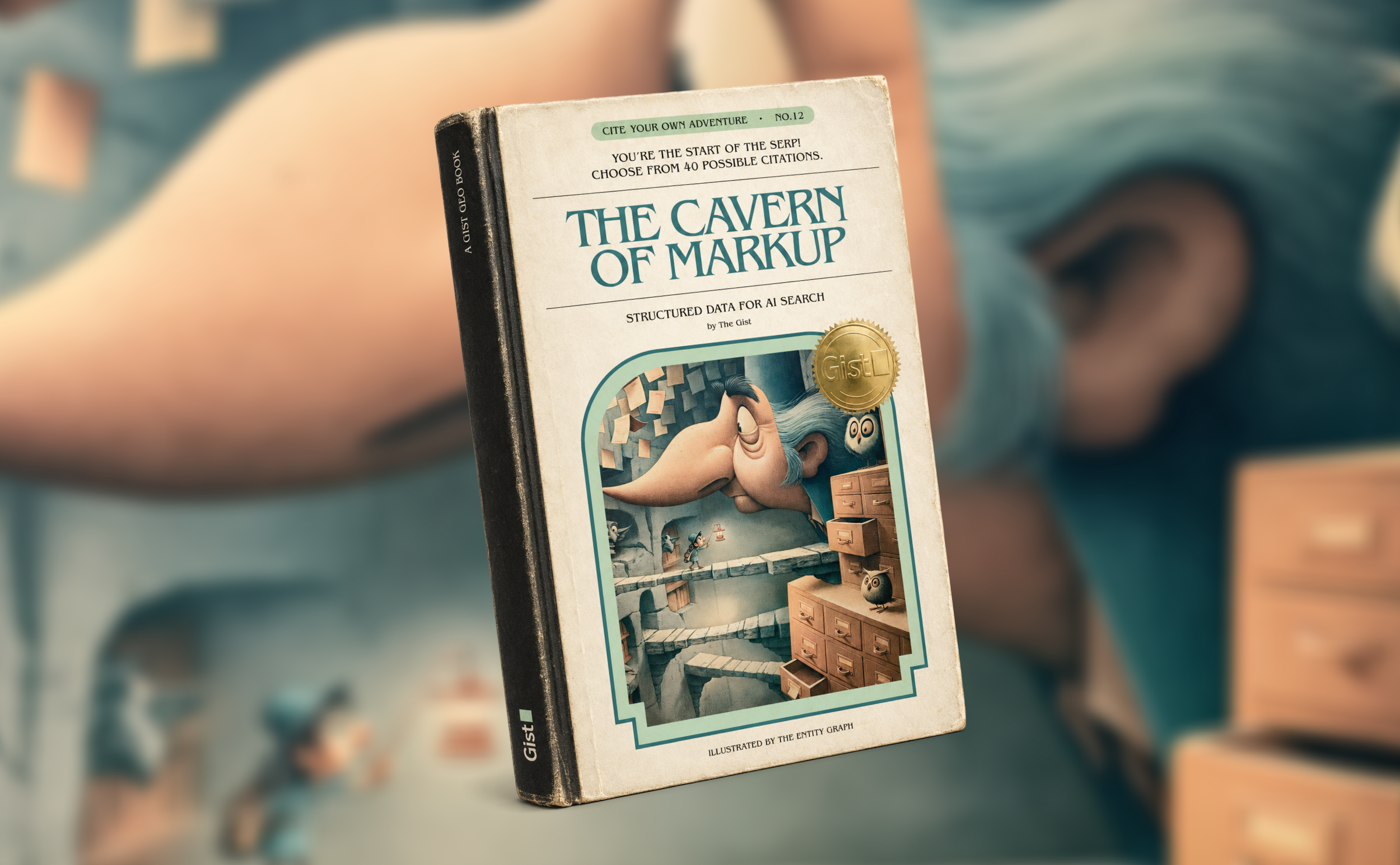 Vintage adventure-book cover, "The Cavern of Markup: Structured Data for AI Search" by The Gist