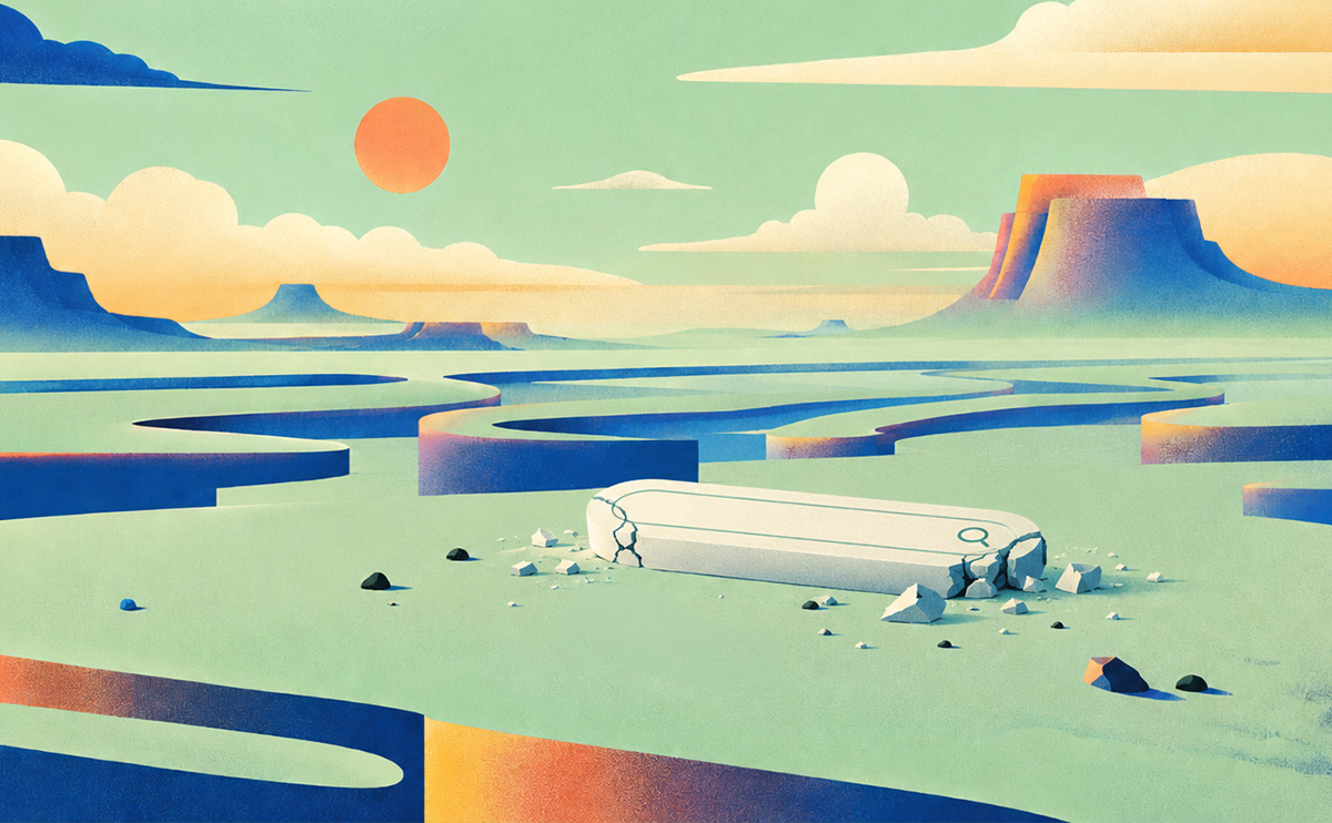 Cracked search bar half-buried in a surreal desert landscape, winding rivers, clouds, and an orange sun in a green sky.