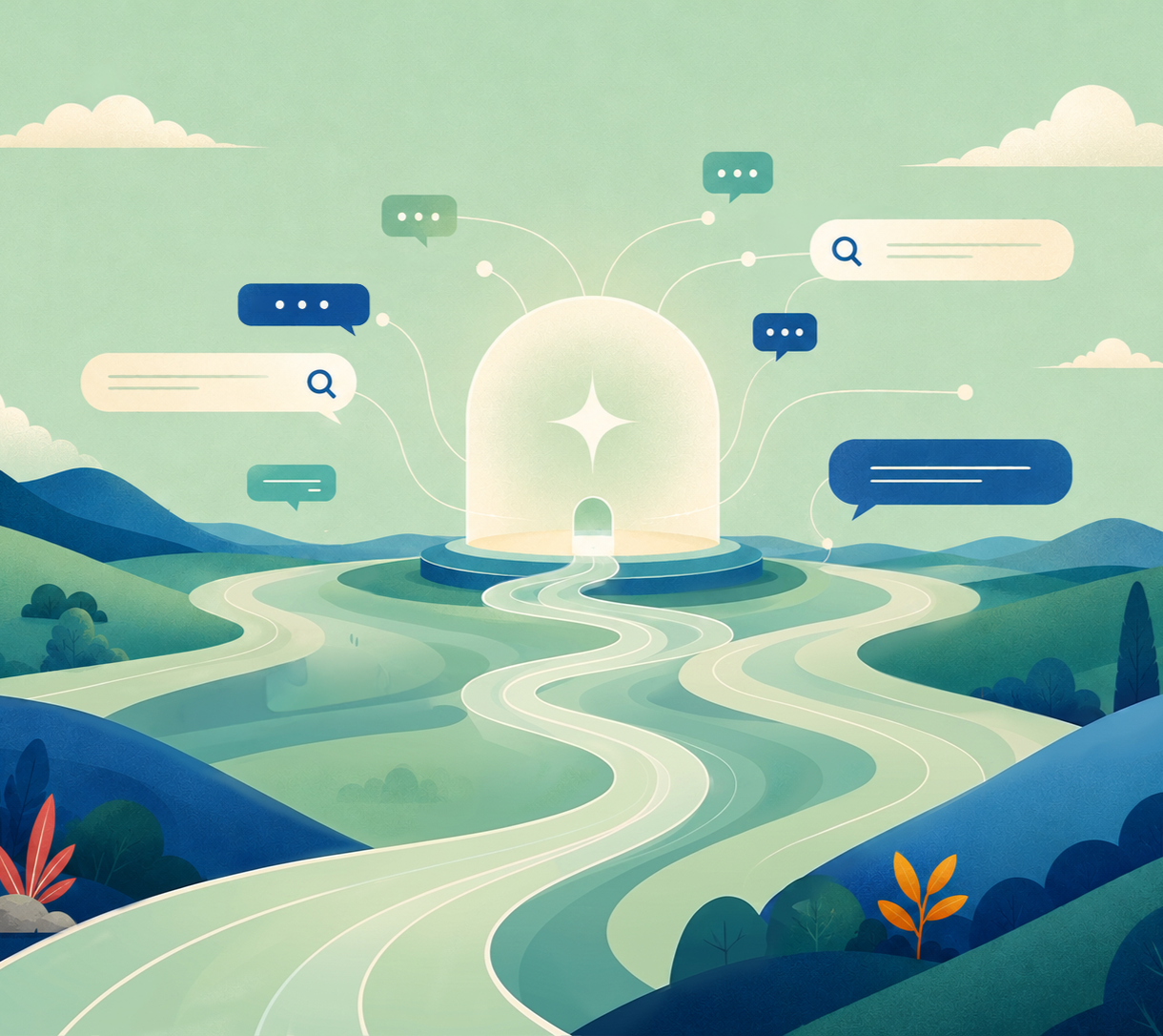 Winding paths converge on a glowing AI dome amid chat and search bubbles, showing brand visibility in AI answers.