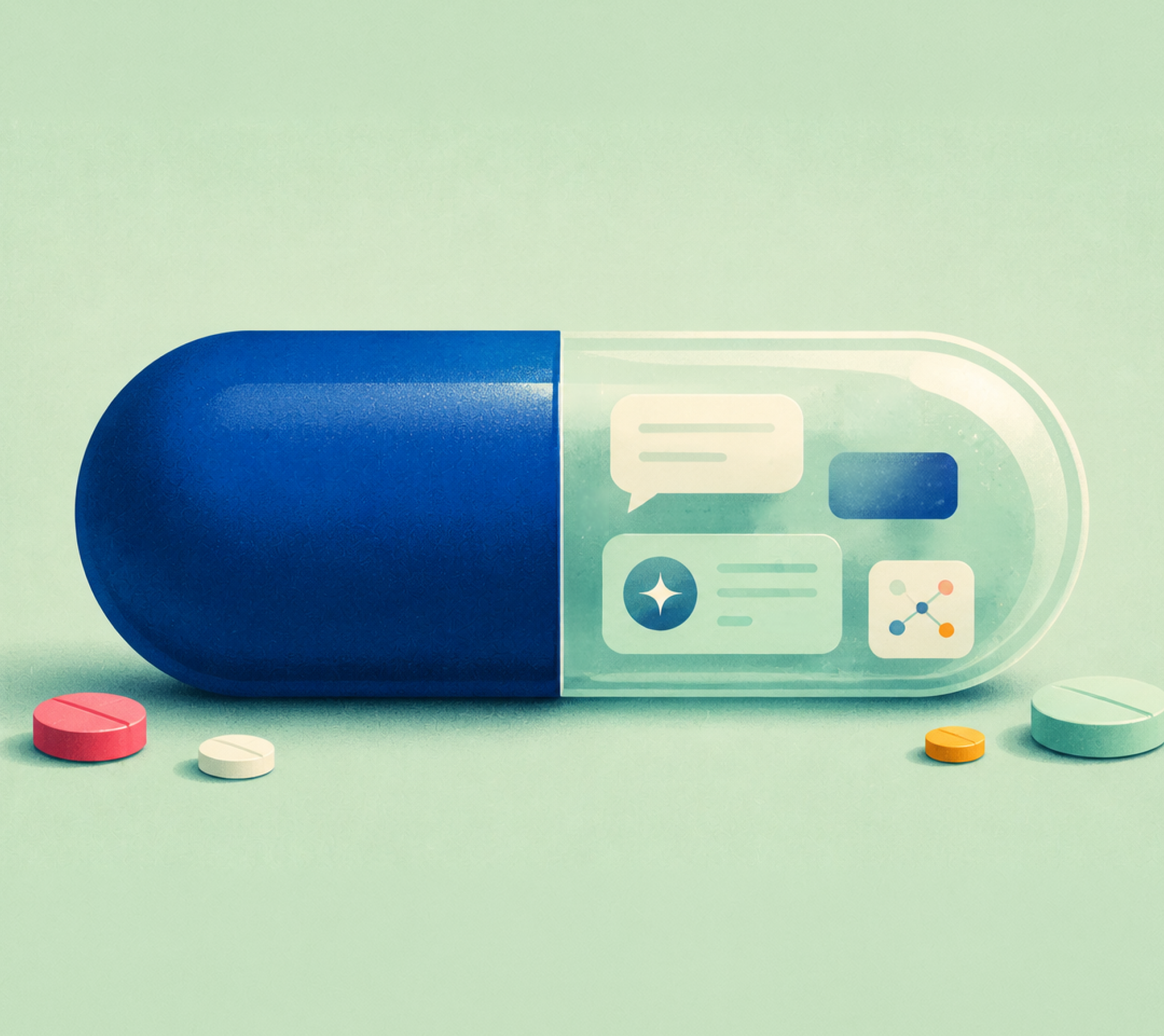 A giant blue capsule with a transparent half revealing AI chat bubbles and citation icons, surrounded by scattered pills.