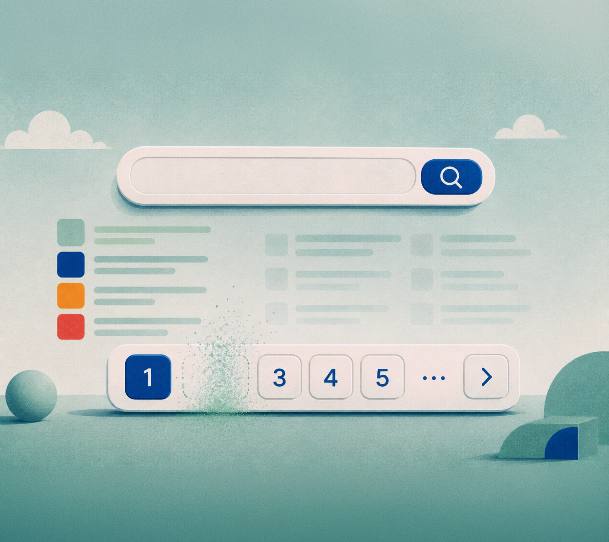 Illustrated search results page with pagination bar where the number 2 dissolves into particles, leaving 1, 3, 4, 5.