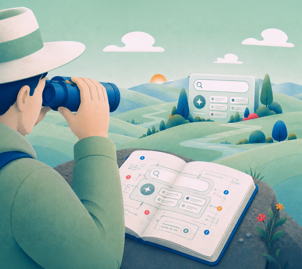 Person with binoculars looks across hills toward a search interface, with an open book mapping AI search results.