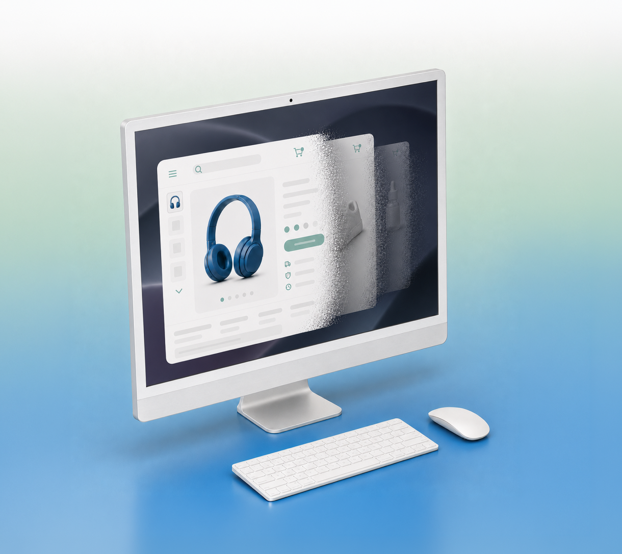 Desktop monitor showing an e-commerce product page for blue headphones dissolving into pixels alongside faded product cards.
