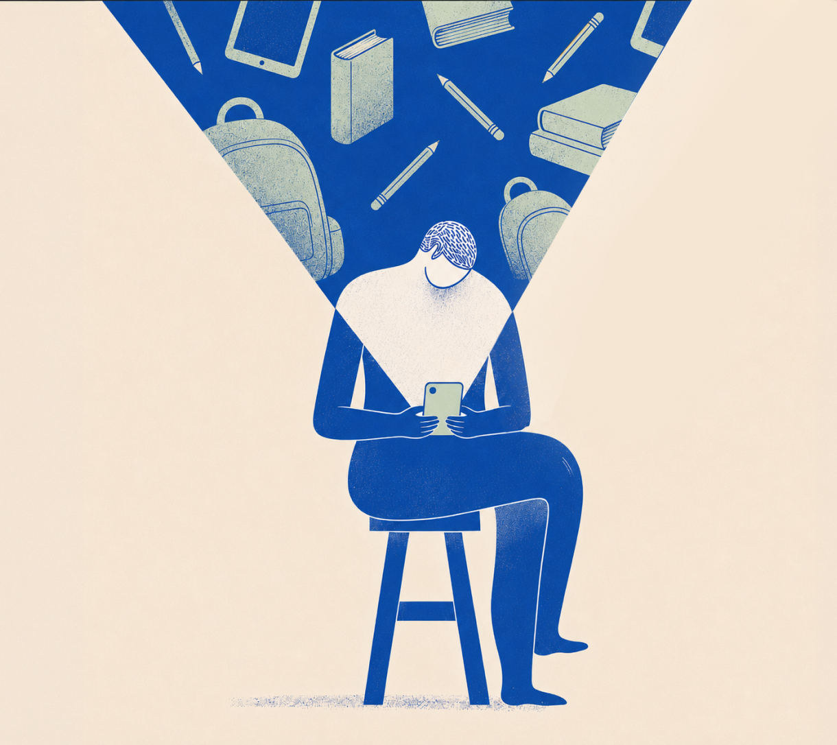 Illustration of a person on a stool looking at a phone as backpacks, books and pencils stream out of the screen's glow