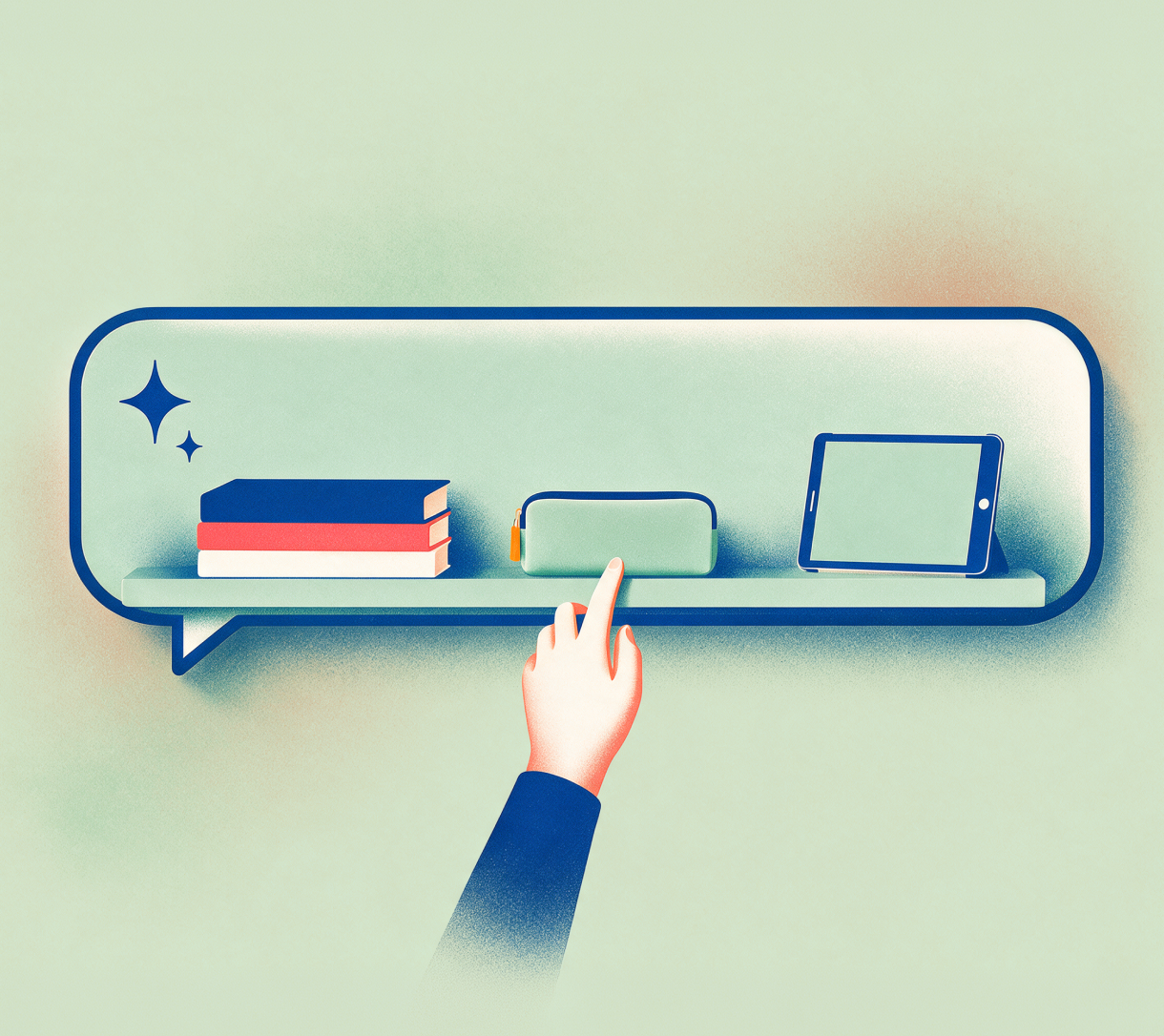 Illustration of a hand pointing at a shelf of school supplies inside a chat bubble holding books, pencil case and tablet