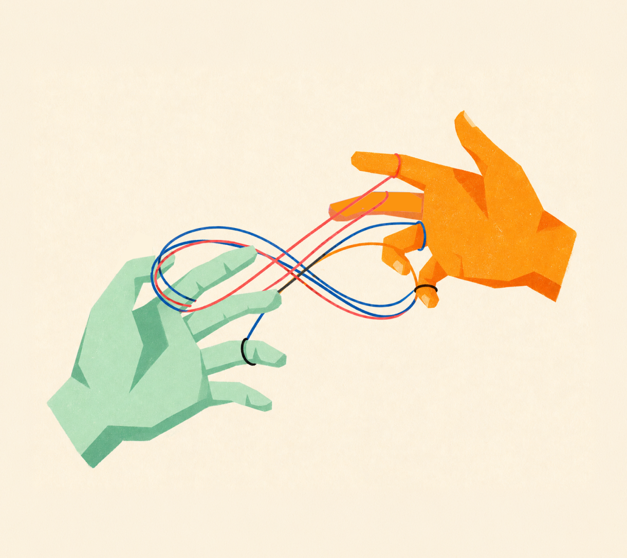 Illustration of two hands passing looped strings between them, forming a continuous figure-eight cat's cradle pattern