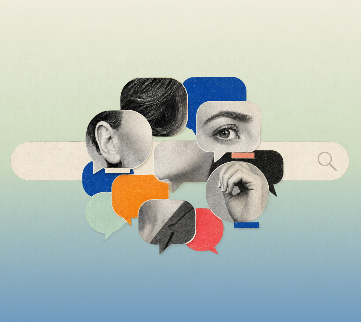Collage of overlapping speech bubbles filled with cropped photos of an eye, ear and hand, layered over a search bar