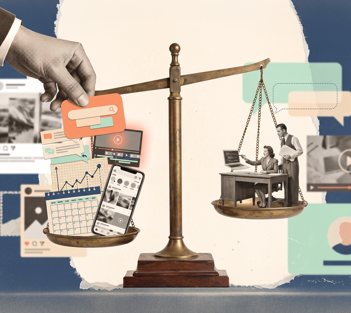 Collage of a balance scale weighing social media posts and a phone against two people working at a desk with a laptop