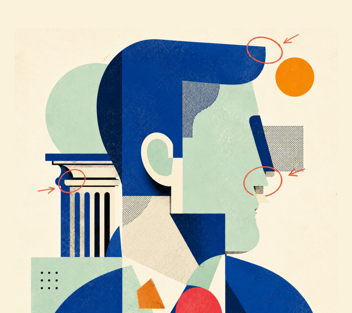 Geometric illustration of a face in profile with red circles and arrows marking mismatched details on the head and nose