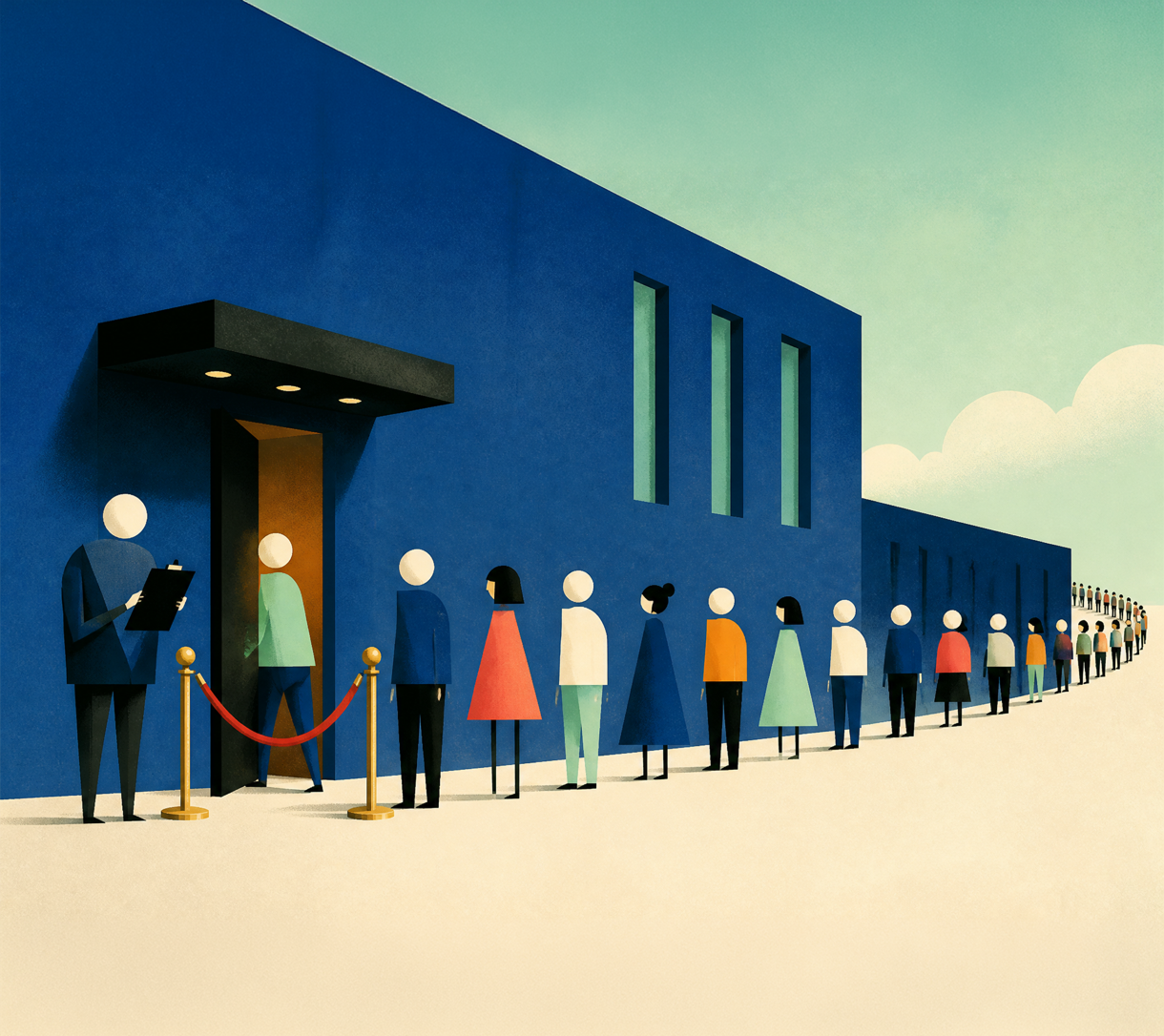 Illustration of a long line of people waiting behind a velvet rope as a doorman with a clipboard admits one inside