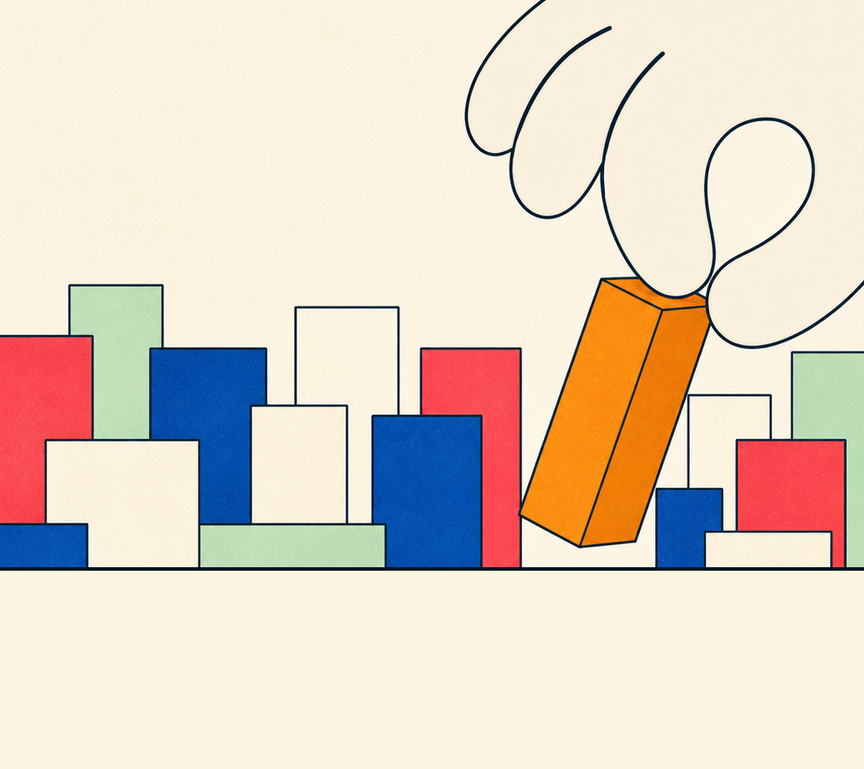 Illustration of a hand placing an orange block into a row of colorful blocks arranged like a bar chart or skyline