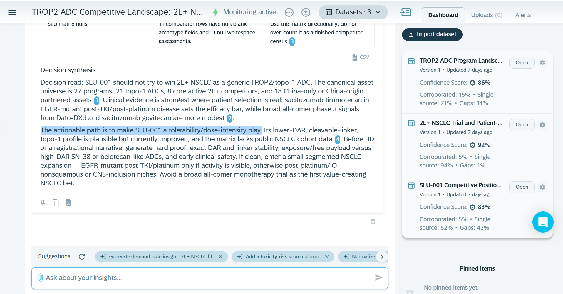 Sleuth Studio decision synthesis artifact showing the strategic recommendation that the actionable path is to make SLU-001 a tolerability and dose-intensity play