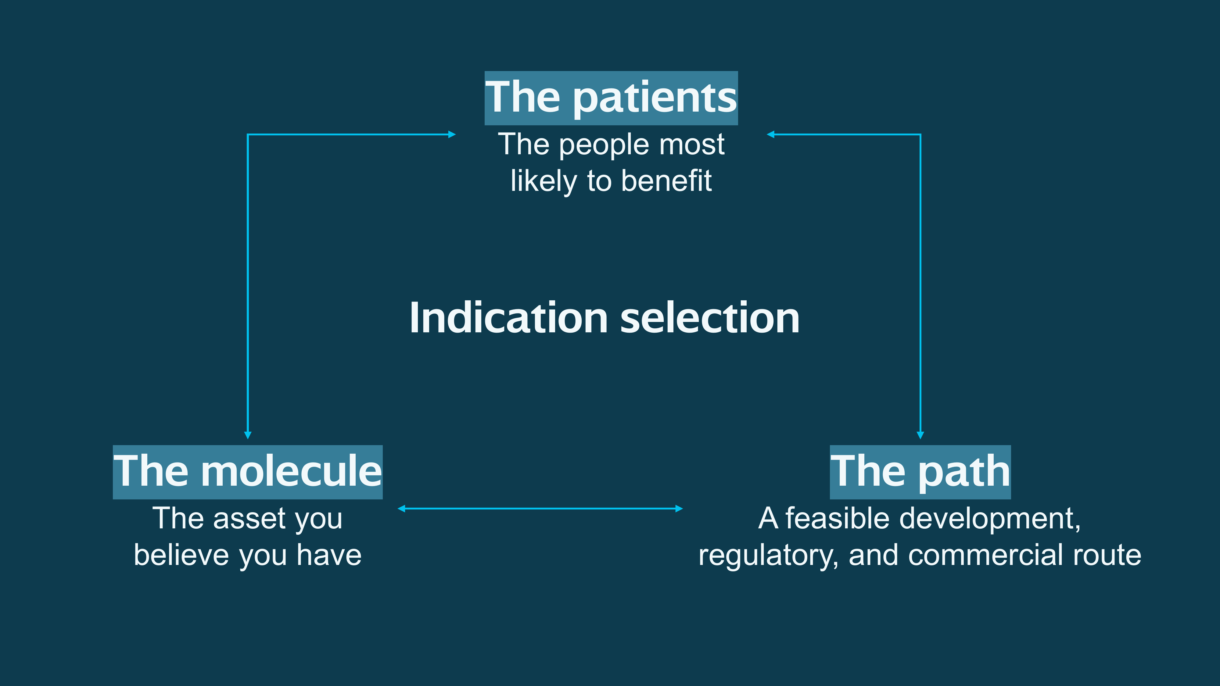 Indication selection matches three things: the molecule you believe you have, the patients most likely to benefit, and a feasible development, regulatory, and commercial path