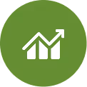White bar chart with an upward arrow on green circular background representing growth or progress at NR CPAs &. Business Advisors