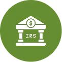 White IRS building icon with pillars and a dollar sign above on a green circular background.