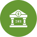 White IRS building icon with pillars and a dollar sign above on a green circular background.
