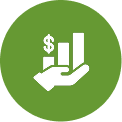 A white hand holding a dollar symbol and ascending bar chart on a green circular background representing financial growth or investment at NR CPAs & Business Advisors..