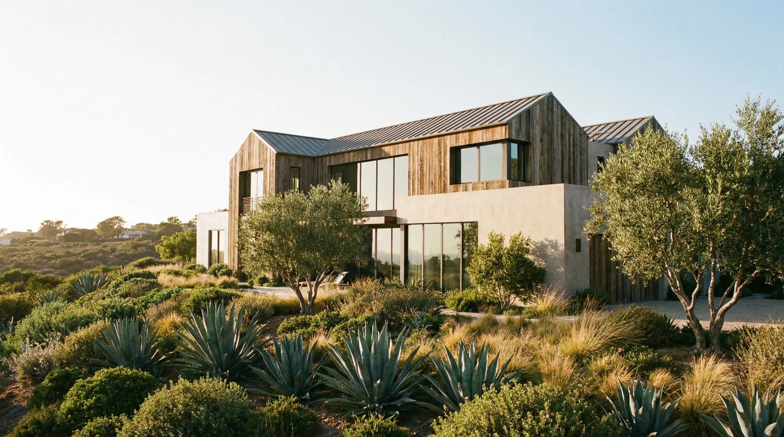 Modern two-story house with wood and concrete exterior surrounded by lush desert landscaping with shrubs and agave plants.