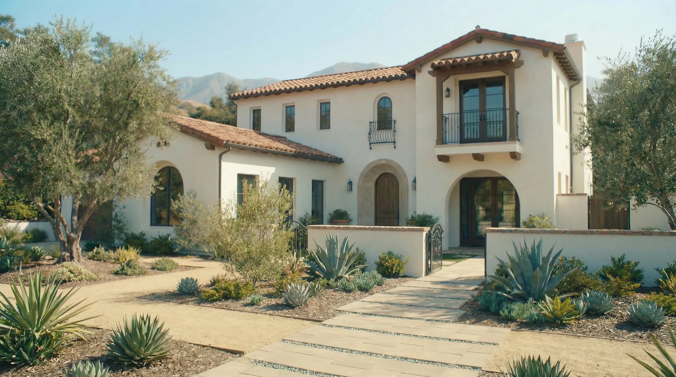 Spanish-style two-story house with white stucco walls, terracotta roof tiles, arched windows, balcony, and drought-tolerant landscaping.