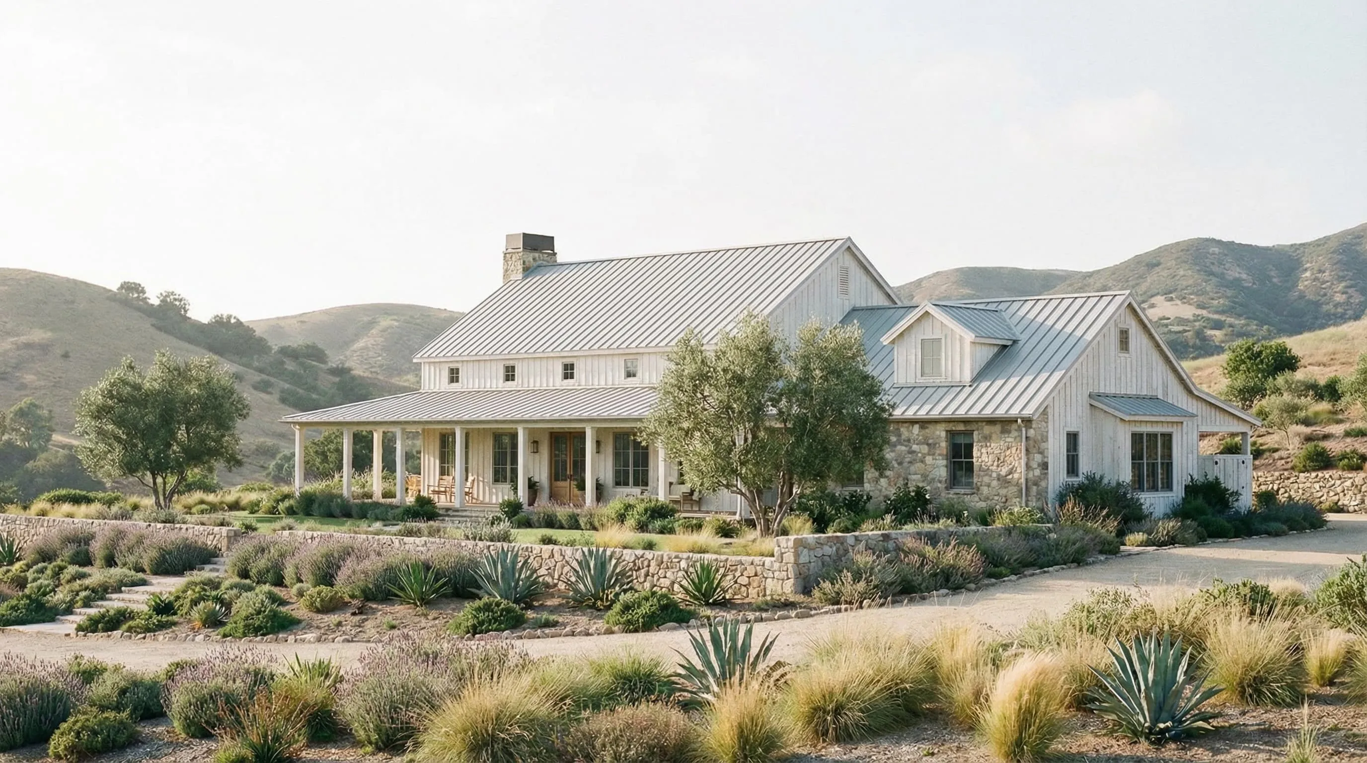Modern farmhouse with white siding and metal roof surrounded by desert landscaping and hills in the background.