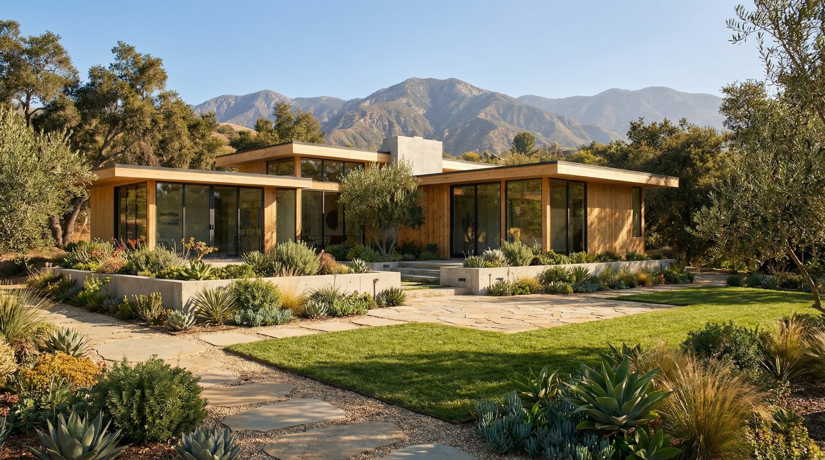 Modern single-story house with large glass windows, wooden exterior, and landscaped garden with succulents, set against a mountain backdrop.
