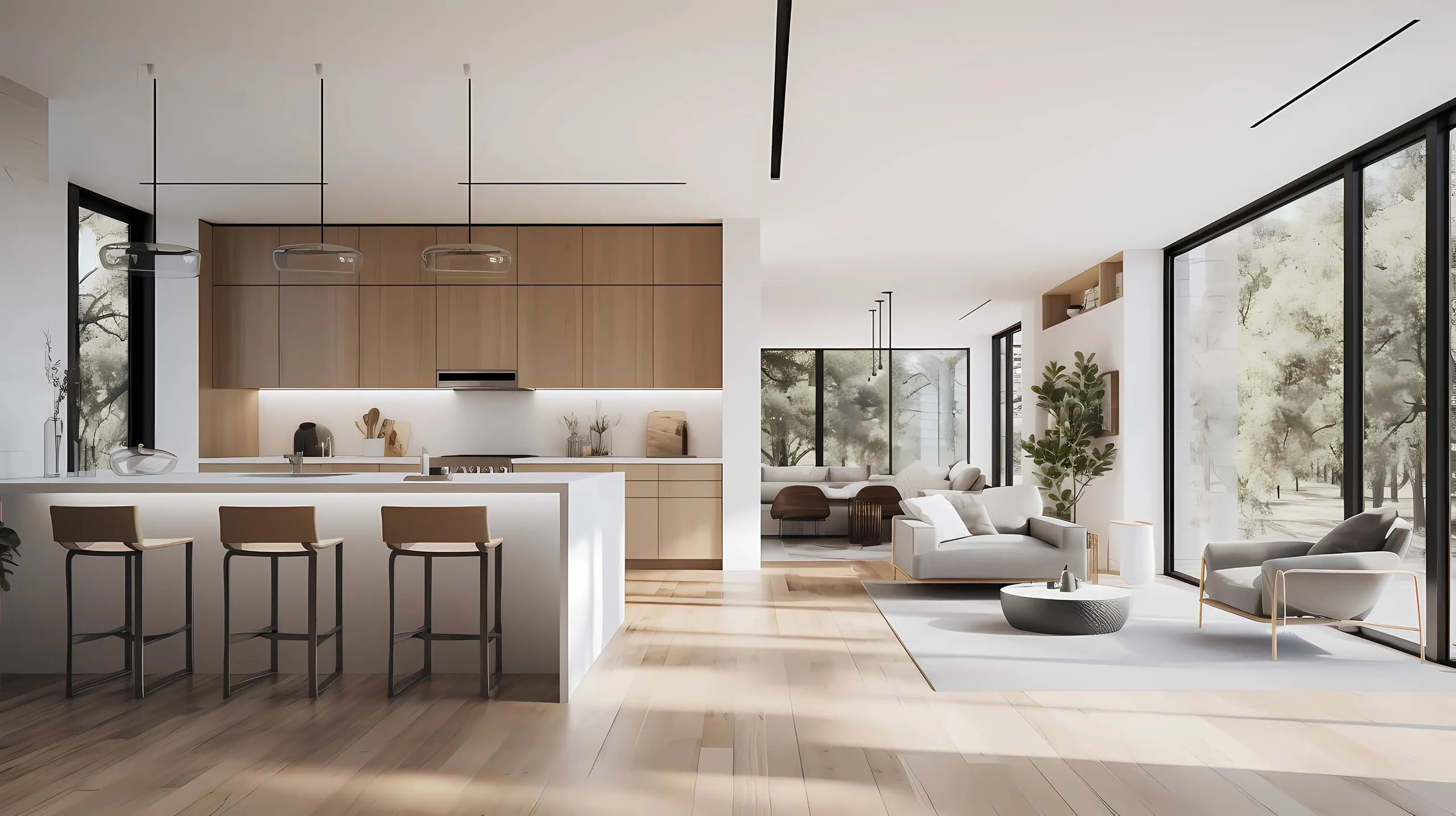 Modern open kitchen with wooden cabinets, white island with three bar stools, and adjacent living area with large windows and light furniture.