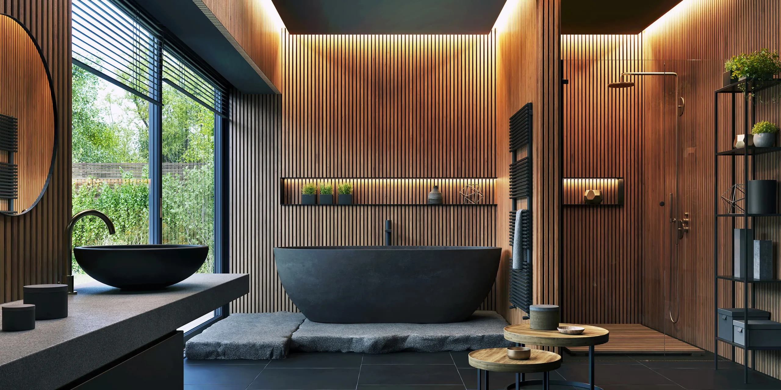 Modern bathroom with black freestanding bathtub, round black sink, wooden slat walls, large window, and walk-in shower.