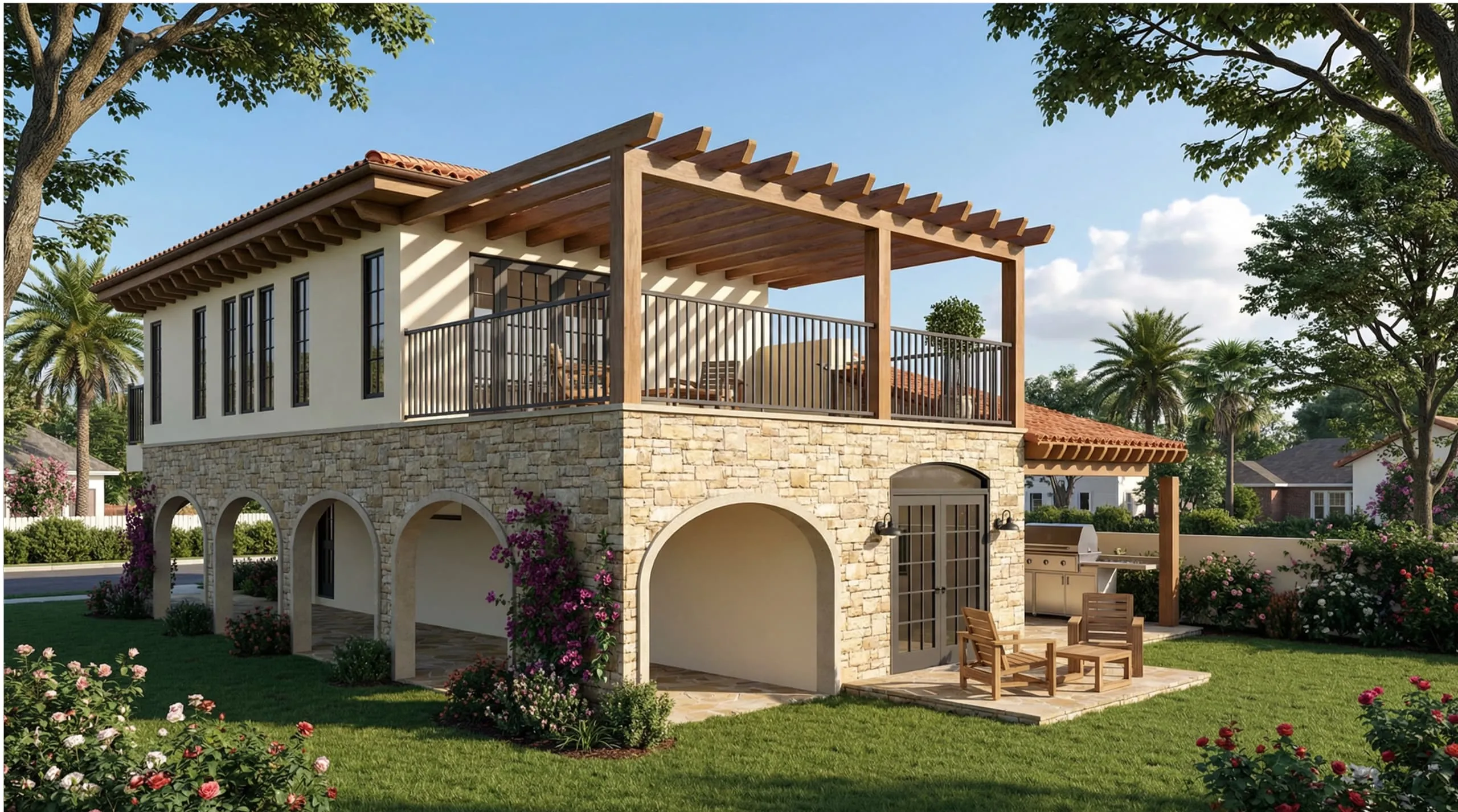 Two-story house with stone arches on the lower floor, a wooden pergola on the upper balcony, outdoor seating, and surrounded by green lawn and flowering plants.