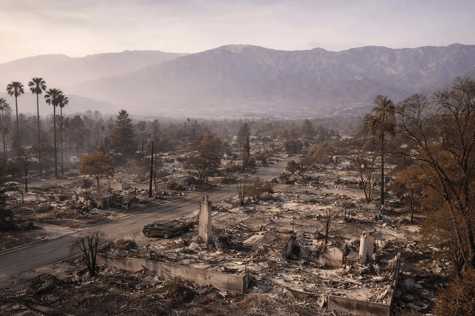 Aerial view of a neighborhood devastated by wildfire with burnt trees, destroyed homes reduced to ashes, and mountains in the background.