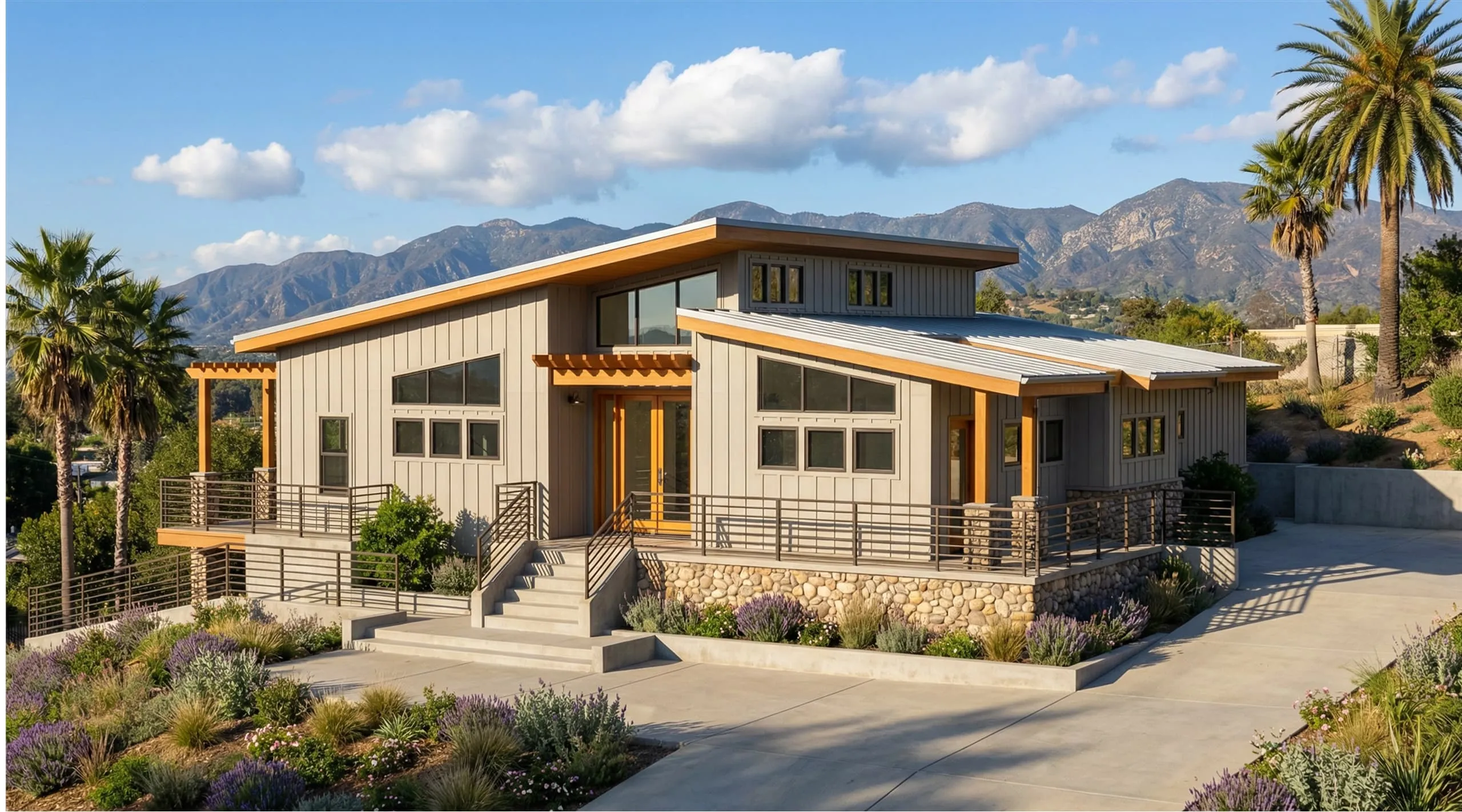 Modern single-story house with gray siding, stone foundation, wooden accents, surrounded by landscaping and palm trees with mountains in the background.