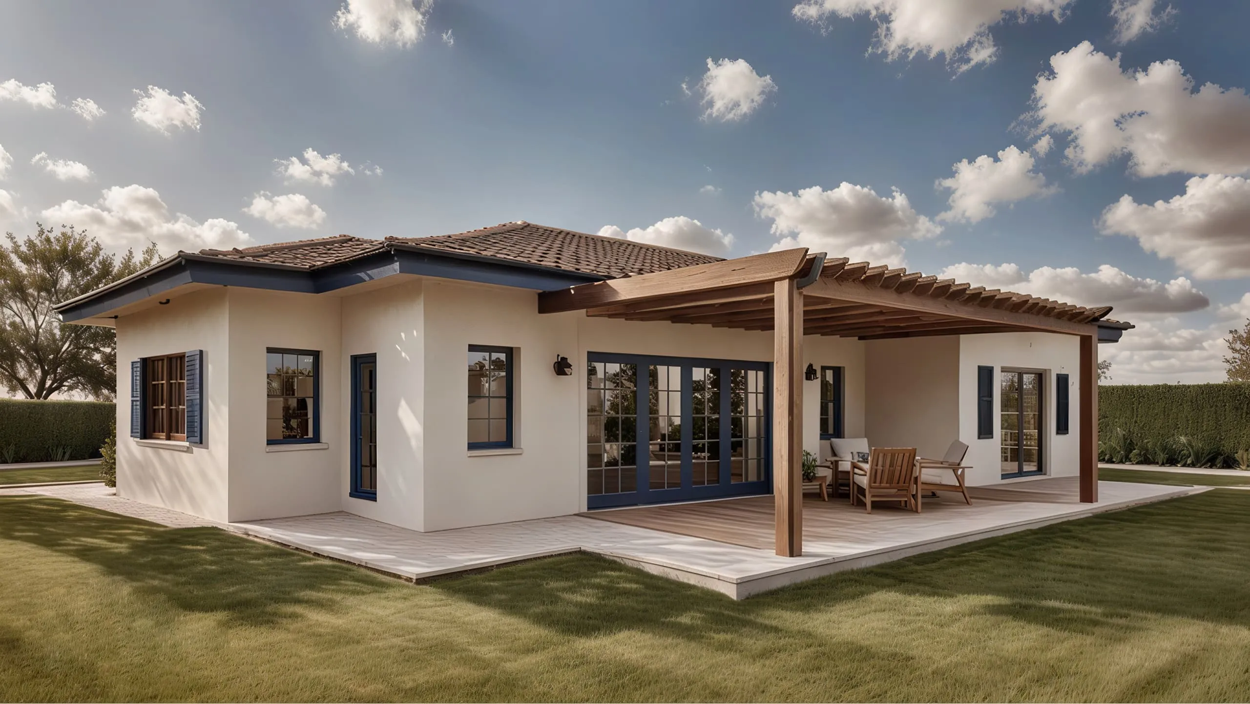 Single-story house with beige walls, blue window shutters, and a wooden pergola patio with outdoor furniture on a lawn.