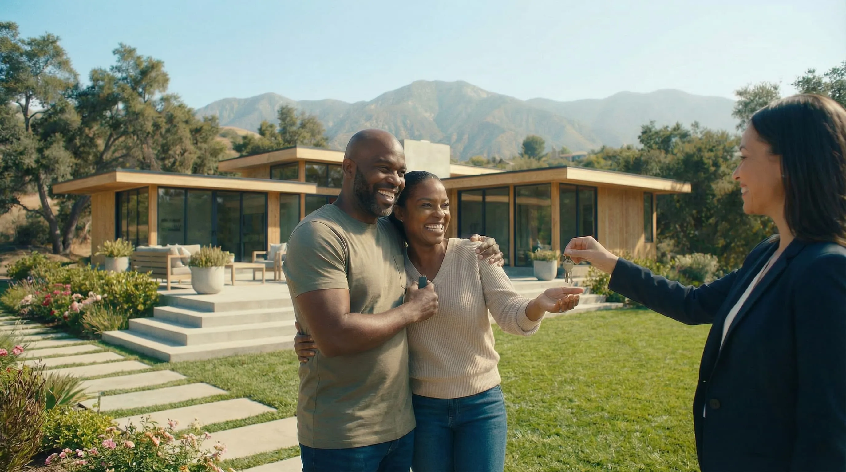 Smiling couple embraces outside a modern house while a woman hands them keys on a sunny day.