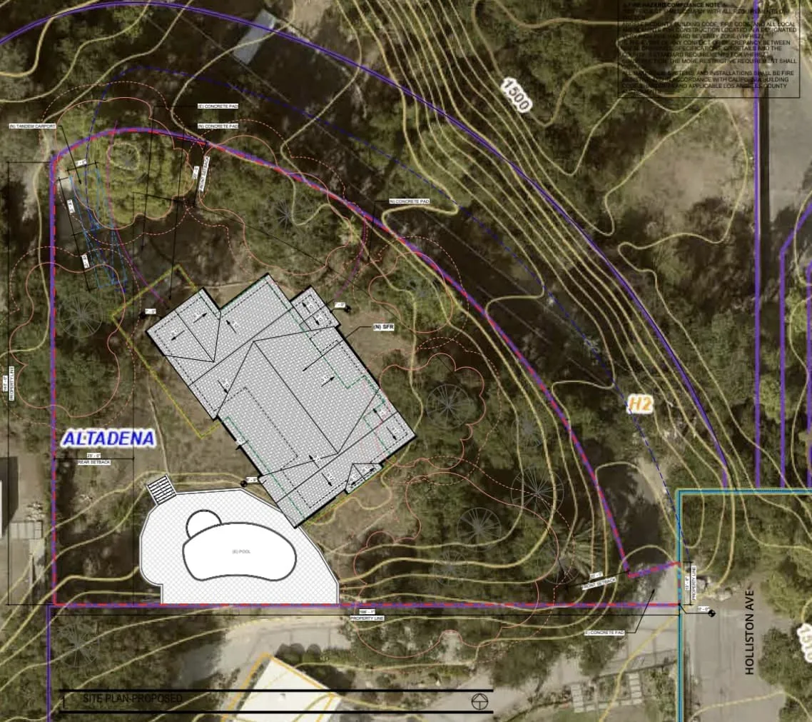 Aerial site plan overlay showing a house with a pool, contour lines, vegetation, and property boundaries labeled Altadena and Holliston Ave.