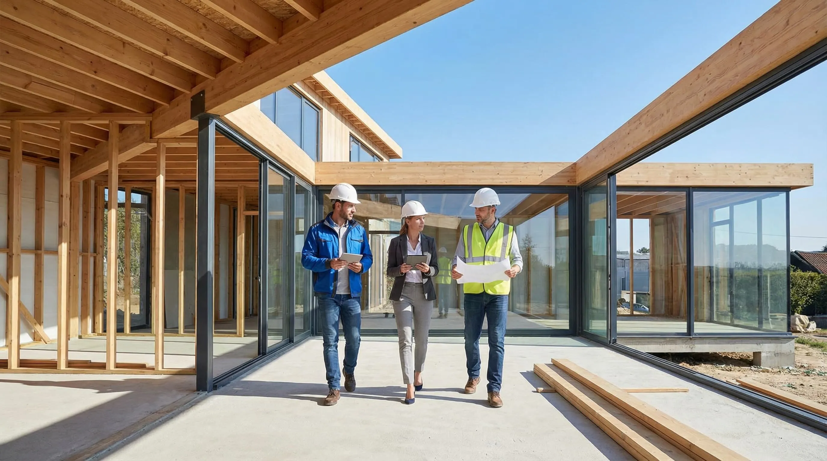 Three construction professionals wearing hard hats walking inside a wooden frame building under construction, reviewing plans and digital tablets.