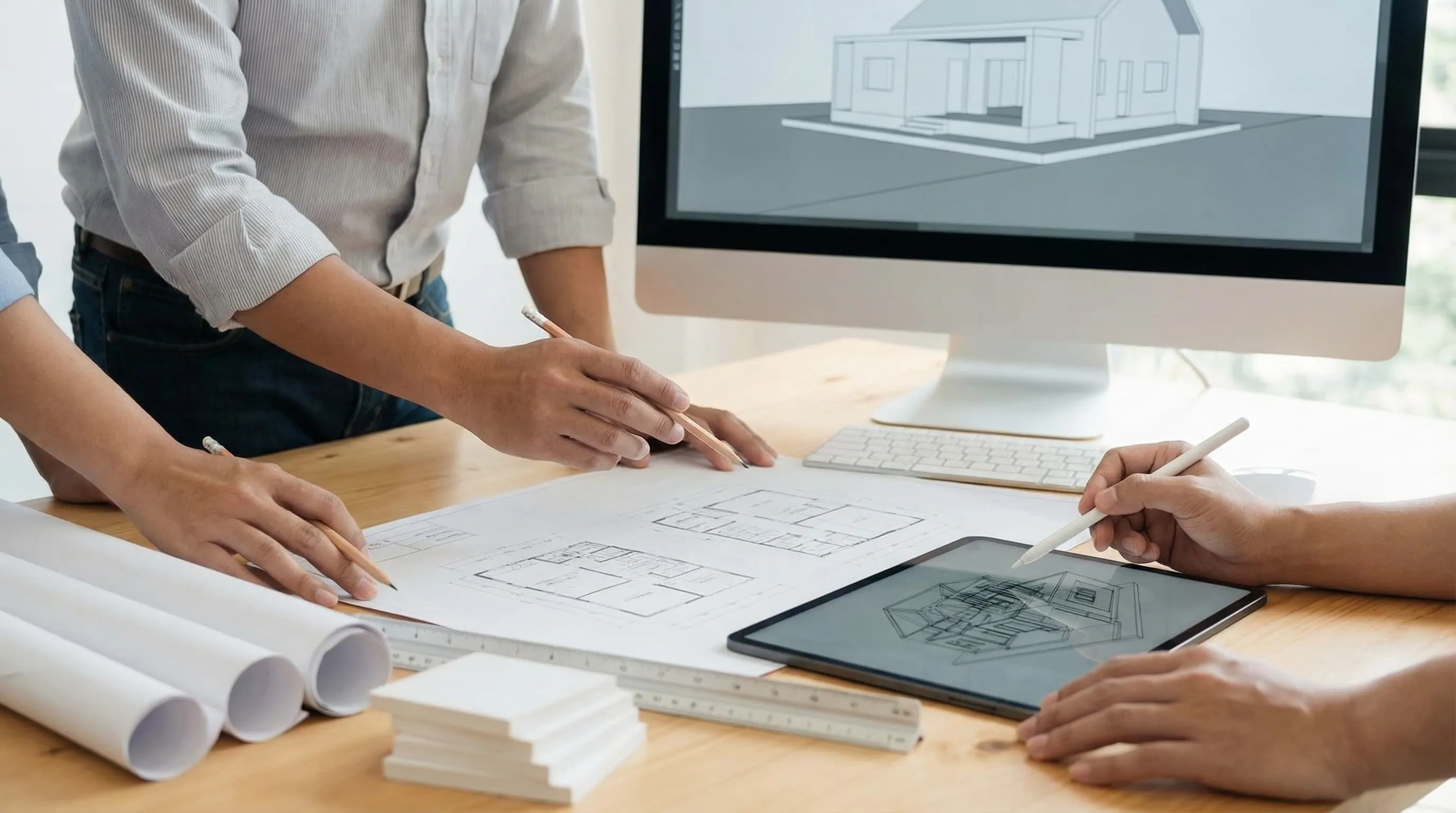 Architects collaborating on house designs with blueprints, tablet showing 3D house model, and computer display with house rendering.
