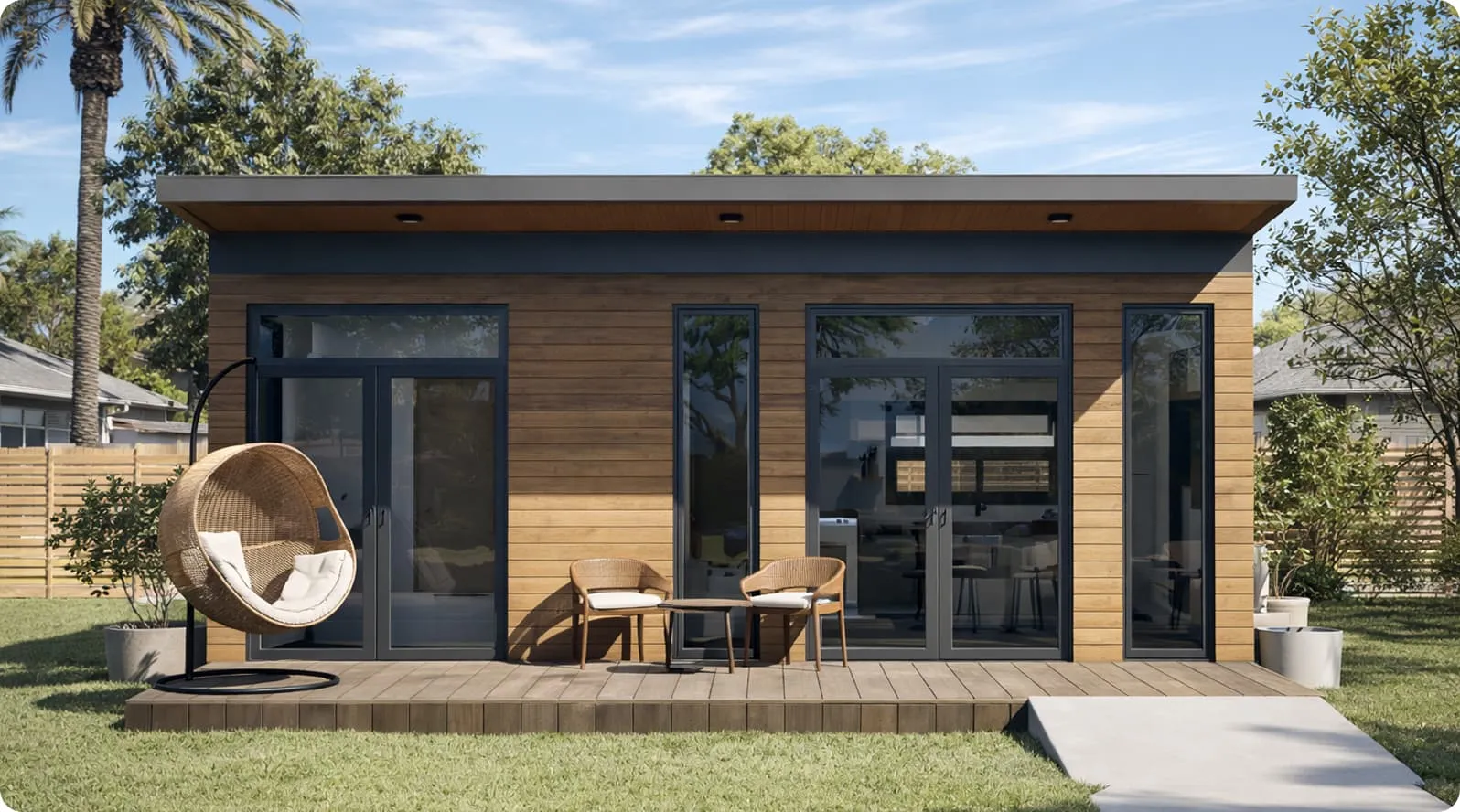 Modern backyard ADU with wooden exterior, large glass doors, a hanging wicker chair, and two wicker chairs with a small table on the deck.