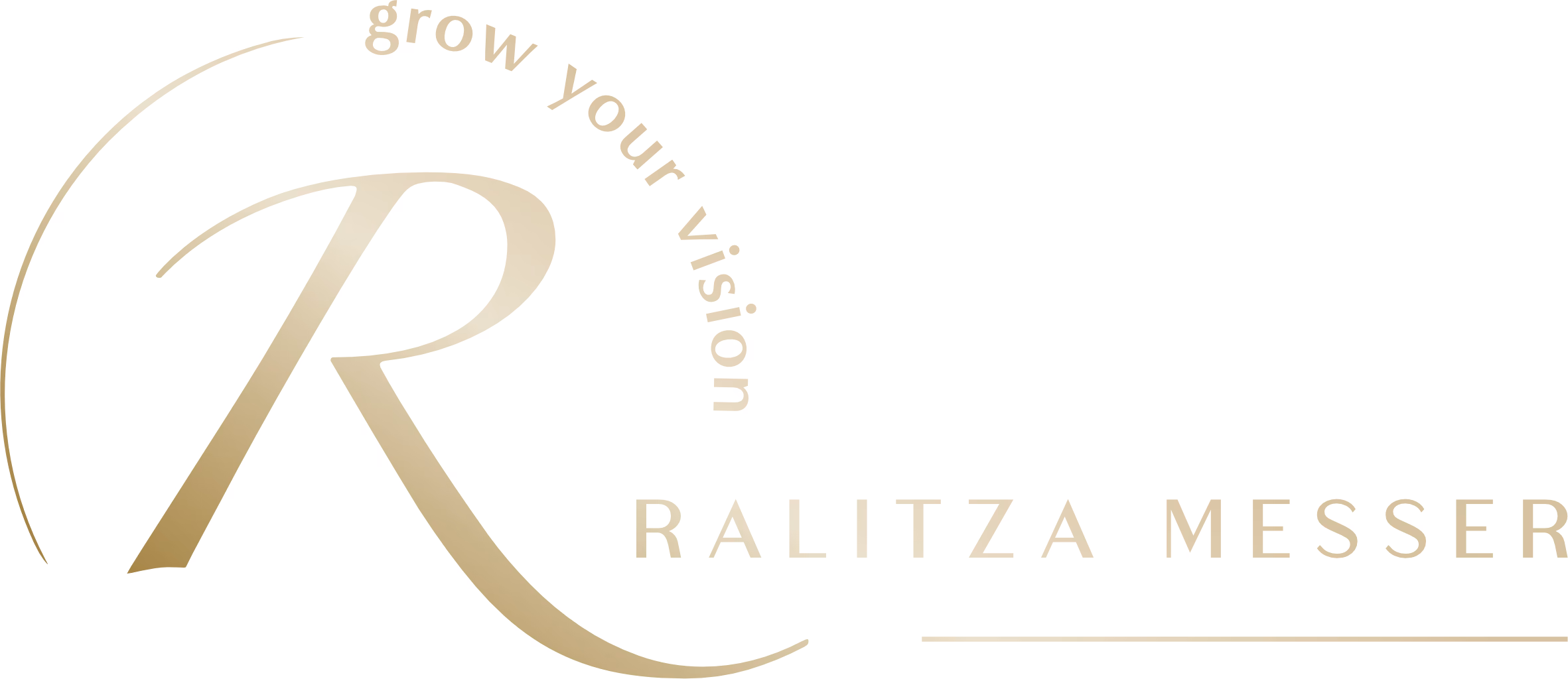 Logo von Ralitza Messer. In goldenen Farben steht das R für Ralitza in einem Halbkreis. Daneben steht der Name Ralitza Messer. 