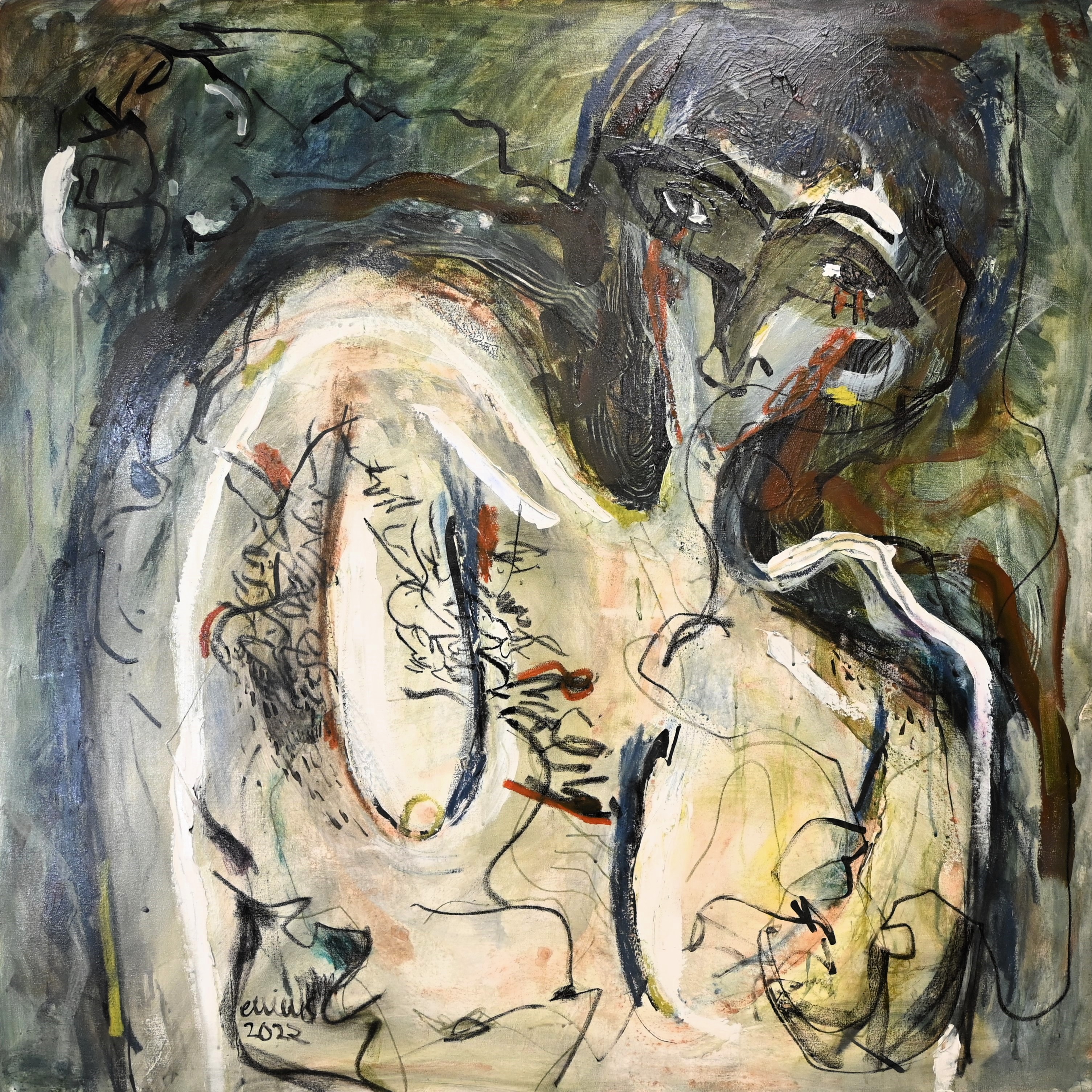 Abstract painting of a figure with expressive brushstrokes and dark, swirling lines in muted greens, browns, and whites.