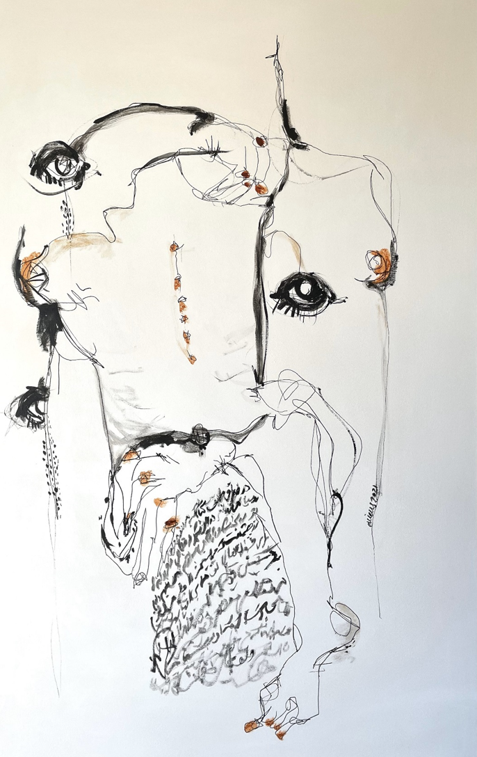 Abstract line drawing of a human face with exaggerated eye and mouth details, accented with orange dots and black script-like markings.