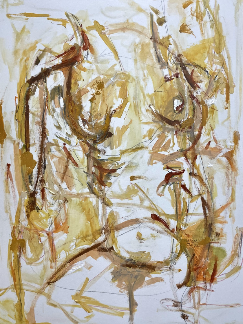 Abstract painting featuring loosely sketched human torso with visible breasts in shades of brown, yellow, and beige.