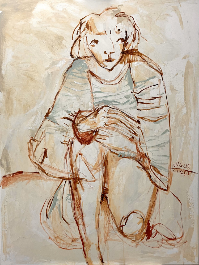 Abstract painting of a seated person with hands resting on knees, rendered in soft beige and brown tones with blue accents.